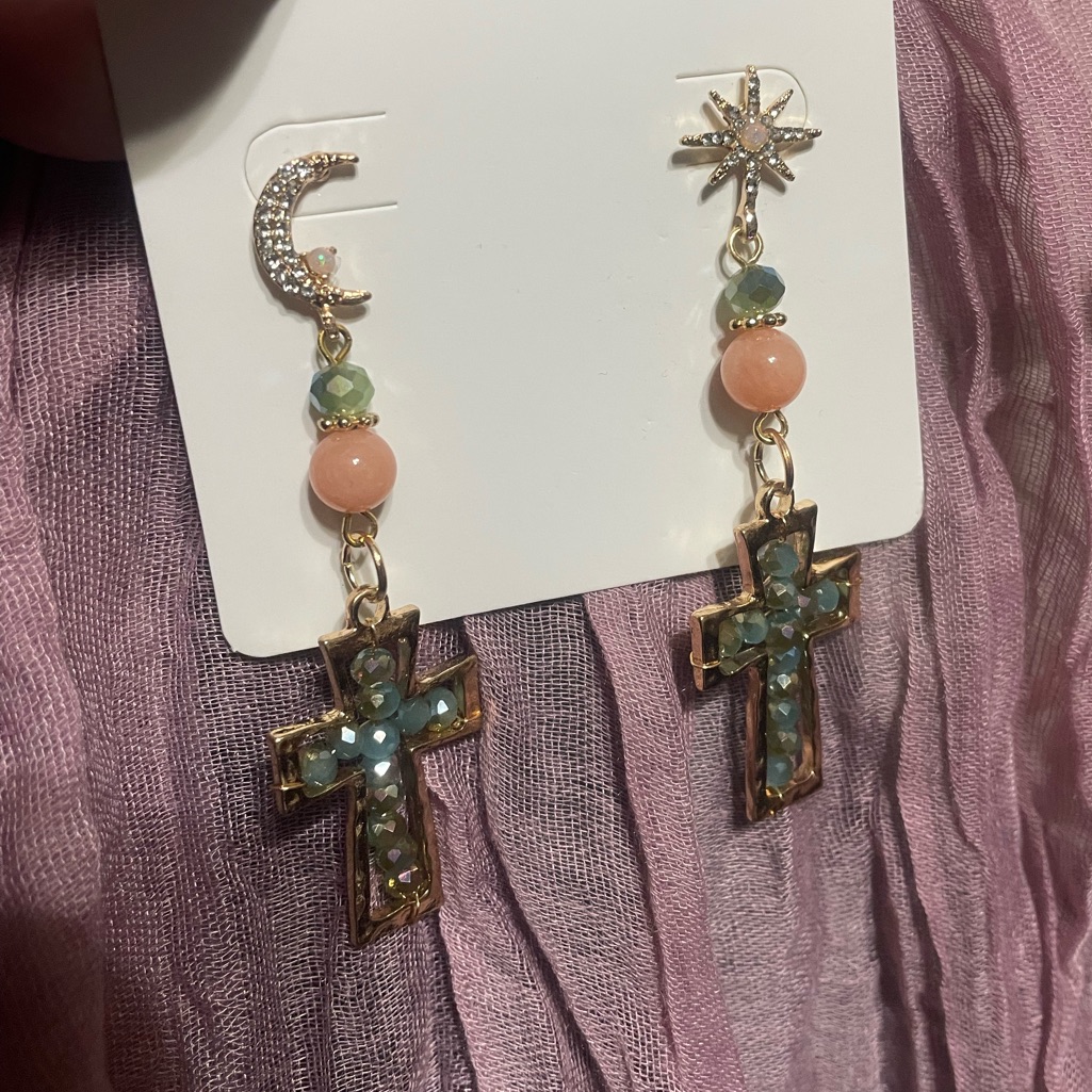 Elegant Gold Peach And Green Cross Earrings 13$
